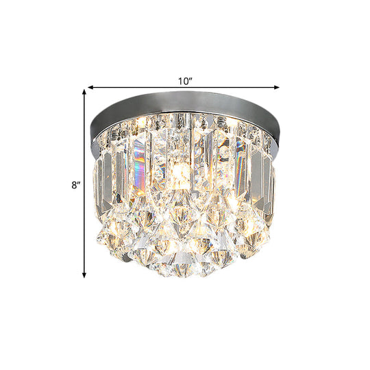 Modern Silver Drum Flush Mount Crystal Prism Corridor Lighting Fixture, 10"/14" Wide