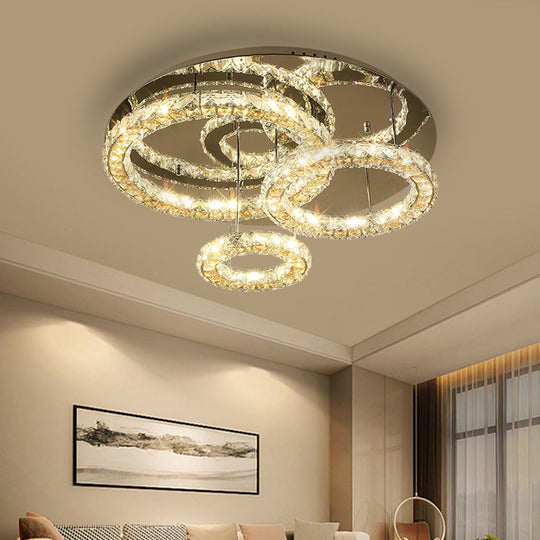 Contemporary LED Crystal Ceiling Light Fixture - Stainless Steel Semi Flush Mount with 3 Rings