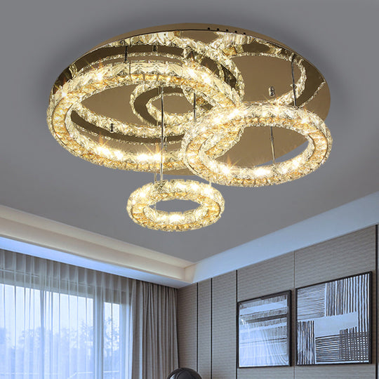 Contemporary LED Crystal Ceiling Light Fixture - Stainless Steel Semi Flush Mount with 3 Rings