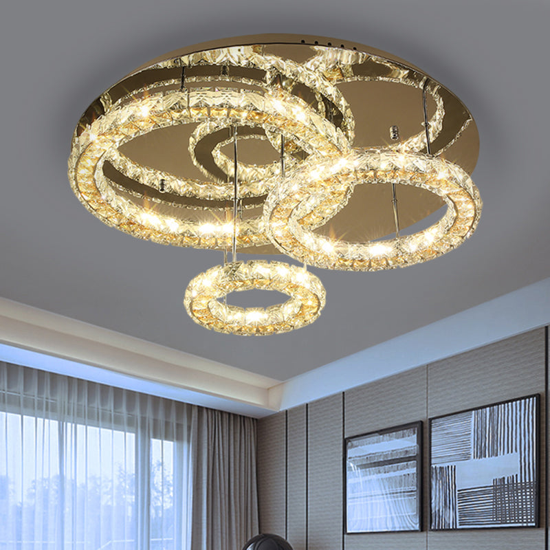 Contemporary Led Crystal Ceiling Light Fixture - Stainless Steel Semi Flush Mount With 3 Rings