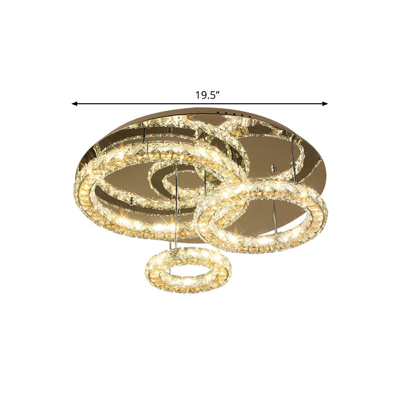 Contemporary LED Crystal Ceiling Light Fixture - Stainless Steel Semi Flush Mount with 3 Rings