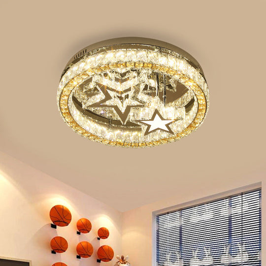 Contemporary LED Semi Flush Ceiling Lamp in Stainless-Steel with Clear Faceted Crystal Blocks and Star Design