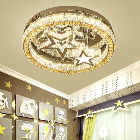 Contemporary LED Semi Flush Ceiling Lamp in Stainless-Steel with Clear Faceted Crystal Blocks and Star Design