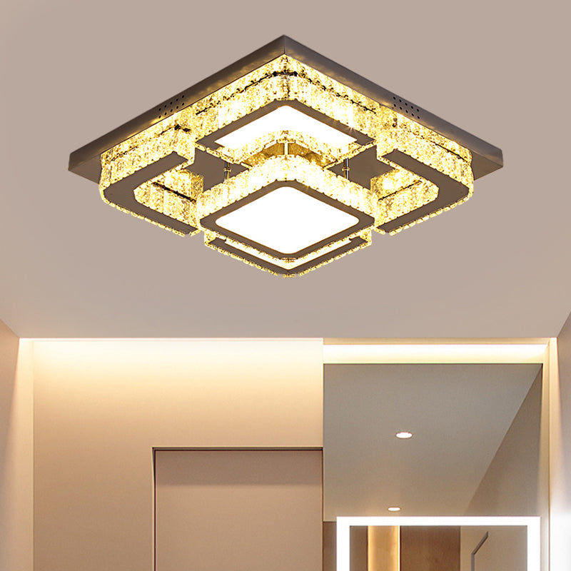 Modern Led Crystal Semi Flush Ceiling Light - Square Shape With Rectangular-Cut Crystals Stainless