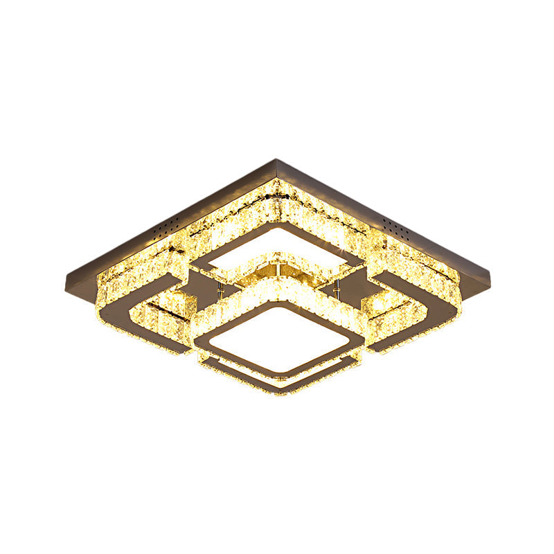 Modern LED Crystal Semi Flush Ceiling Light - Square Shape with Rectangular-Cut Crystals, Stainless Steel