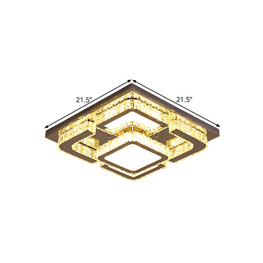 Modern LED Crystal Semi Flush Ceiling Light - Square Shape with Rectangular-Cut Crystals, Stainless Steel