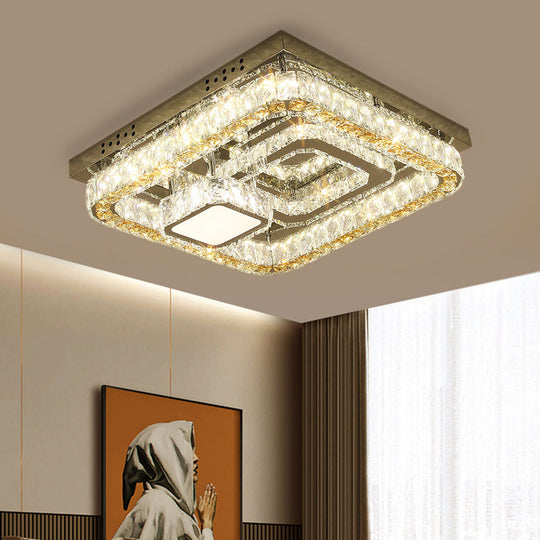 Modern Square Stainless-Steel LED Ceiling Light with Clear Cut Crystal Blocks for Bedroom