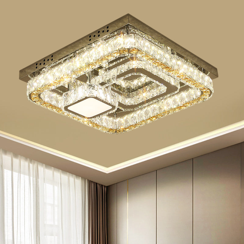 Modern Square Stainless-Steel LED Ceiling Light with Clear Cut Crystal Blocks for Bedroom