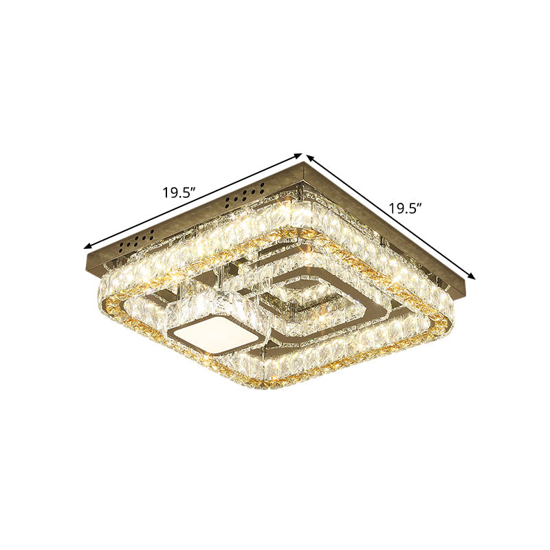 Modern Square Stainless-Steel LED Ceiling Light with Clear Cut Crystal Blocks for Bedroom