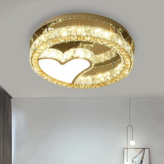 Modern LED Heart Design Ceiling Lamp with Clear Crystal Blocks and Stainless-Steel Finish - 18"/19.5" Wide