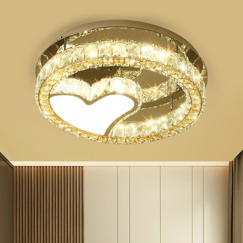 Modern LED Heart Design Ceiling Lamp with Clear Crystal Blocks and Stainless-Steel Finish - 18"/19.5" Wide