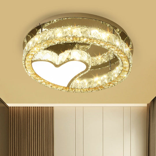 Modern LED Heart Design Ceiling Lamp with Clear Crystal Blocks and Stainless-Steel Finish - 18"/19.5" Wide