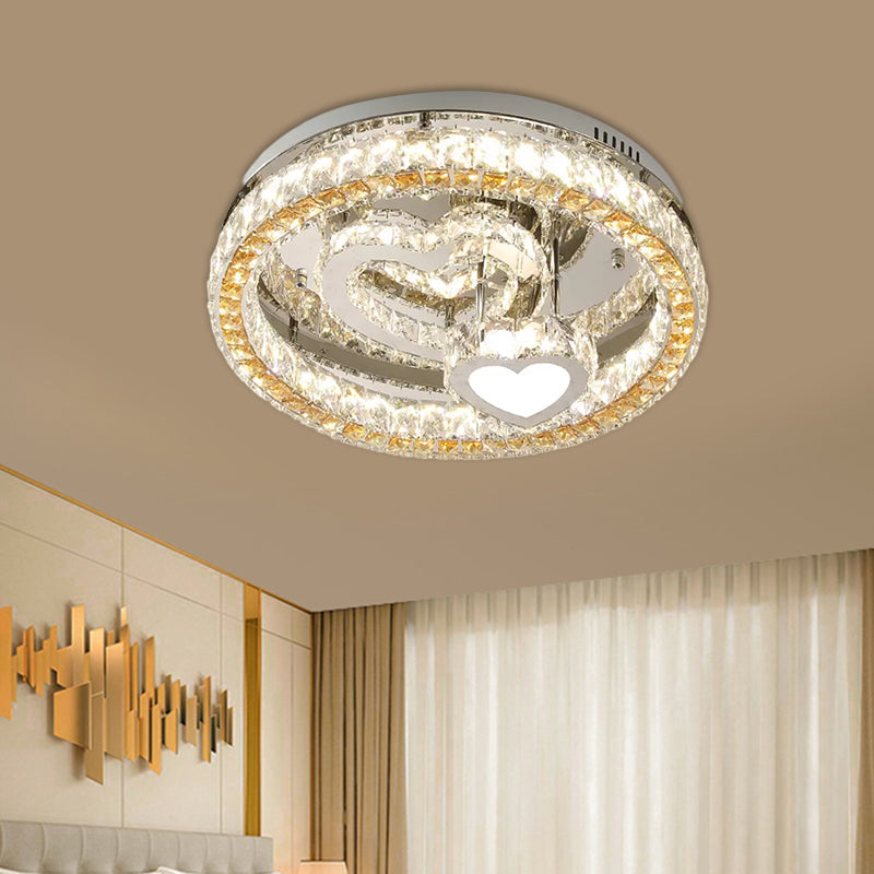 Modern LED Heart Design Ceiling Lamp with Clear Crystal Blocks and Stainless-Steel Finish - 18"/19.5" Wide