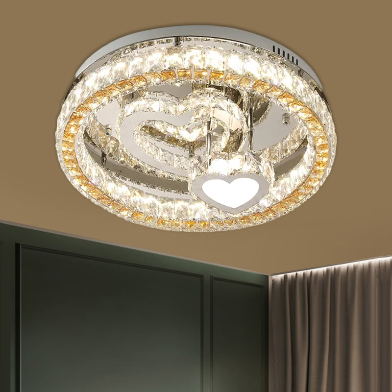 Modern LED Heart Design Ceiling Lamp with Clear Crystal Blocks and Stainless-Steel Finish - 18"/19.5" Wide