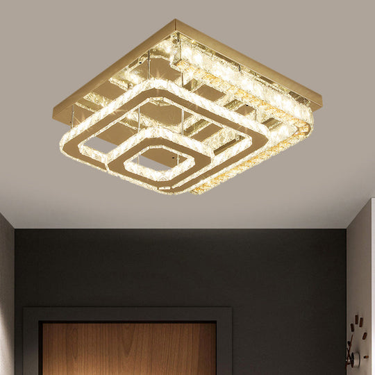 Modern Stainless-Steel Square Ceiling Light with LED, Clear Cut Crystal Blocks - Semi-Flush Mount for Bedchamber