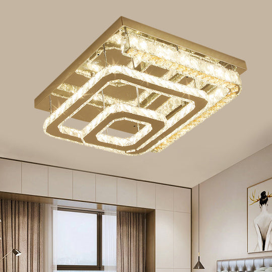 Modern Stainless-Steel Square Ceiling Light with LED, Clear Cut Crystal Blocks - Semi-Flush Mount for Bedchamber