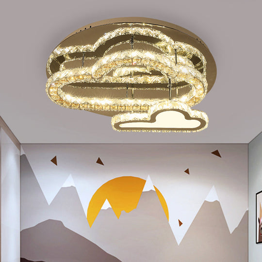 Stainless-Steel LED Ceiling Light with Clear Square-Cut Crystals - Modern Cloud Semi Flush Mount