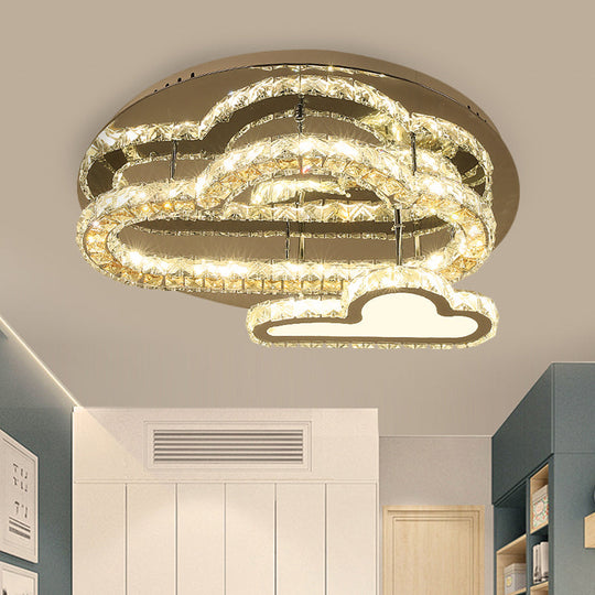 Stainless-Steel LED Ceiling Light with Clear Square-Cut Crystals - Modern Cloud Semi Flush Mount