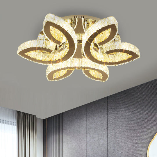 Modern Leaf Bedroom LED Flush Fixture with Clear Crystals and Stainless Steel