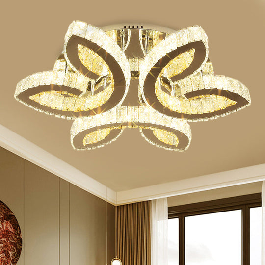 Modern Leaf Bedroom LED Flush Fixture with Clear Crystals and Stainless Steel