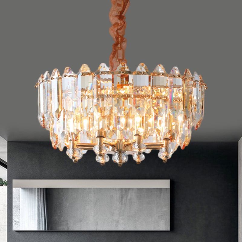 Modern Gold Metal Chandelier with Clear Beveled Crystal Blocks - 8 Bulbs, Suspension Pendant