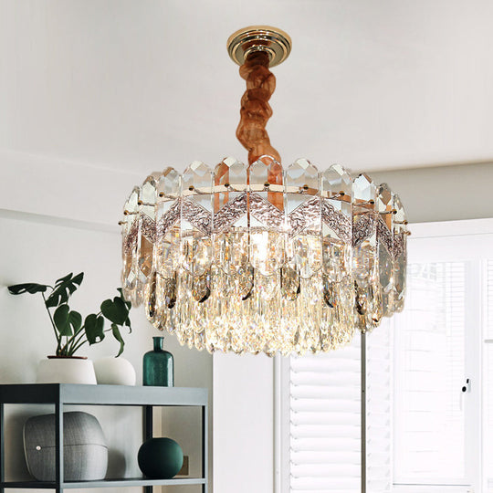 Modern Drum Ceiling Chandelier with Clear Crystal Draping - 9 Bulbs, Champagne/Smoke Gray Finish