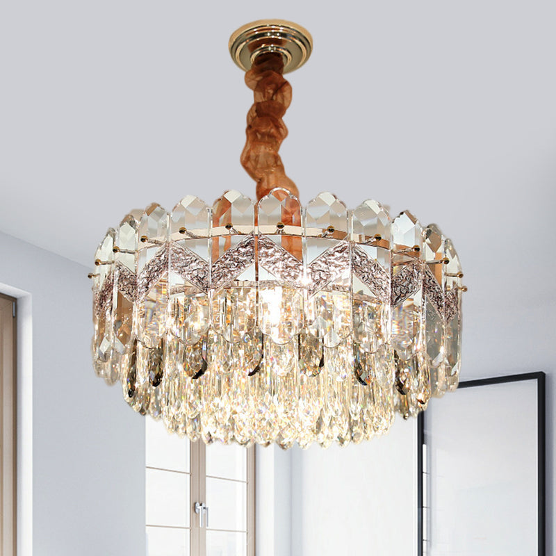 Modern Drum Ceiling Chandelier with Clear Crystal Draping - 9 Bulbs, Champagne/Smoke Gray Finish