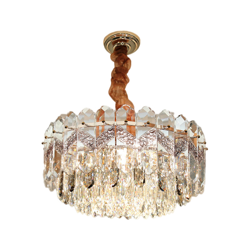 Modern Drum Ceiling Chandelier with Clear Crystal Draping - 9 Bulbs, Champagne/Smoke Gray Finish