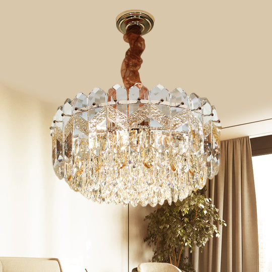 Modern Drum Ceiling Chandelier with Clear Crystal Draping - 9 Bulbs, Champagne/Smoke Gray Finish