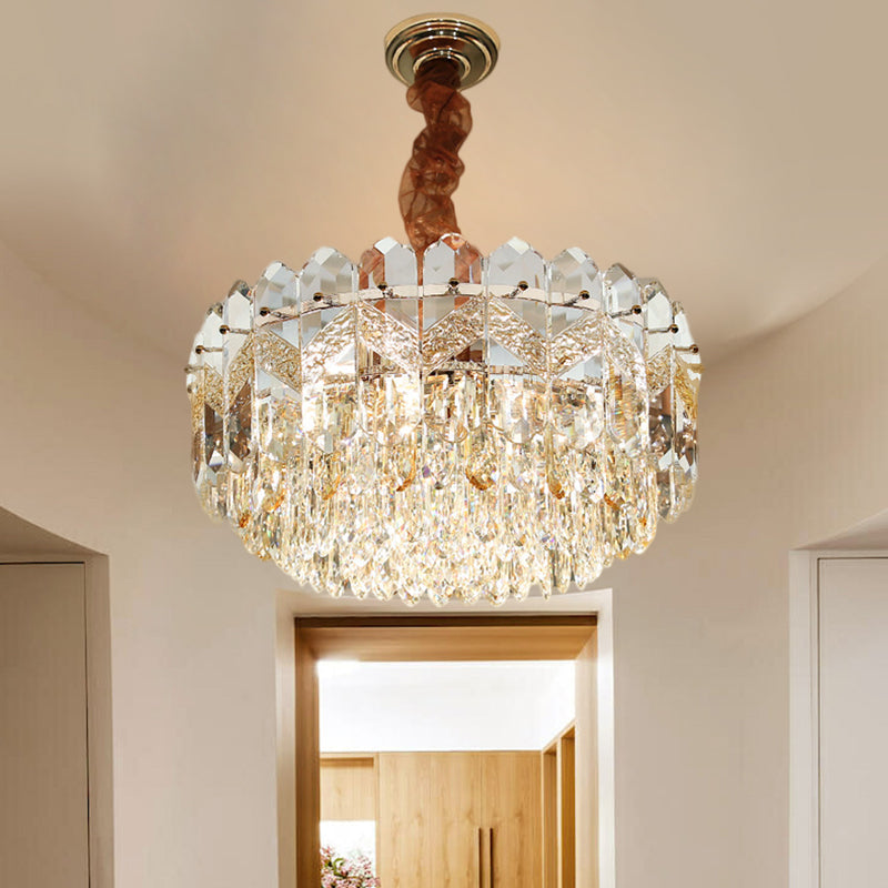 Modern Drum Ceiling Chandelier with Clear Crystal Draping - 9 Bulbs, Champagne/Smoke Gray Finish