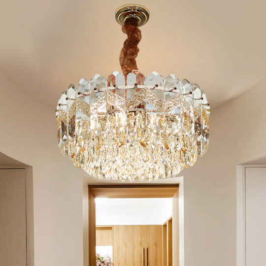 Modern Drum Ceiling Chandelier with Clear Crystal Draping - 9 Bulbs, Champagne/Smoke Gray Finish