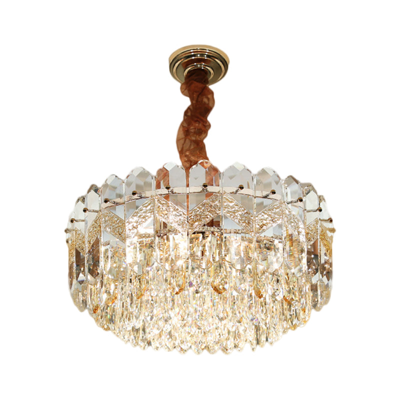 Modern Drum Ceiling Chandelier with Clear Crystal Draping - 9 Bulbs, Champagne/Smoke Gray Finish