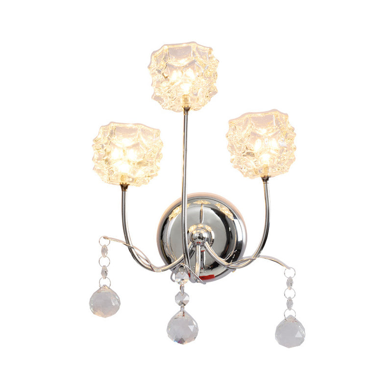 Contemporary Chrome Wall Sconce With Floral Crystal Shade - 3 Heads Curvy Metal Arm