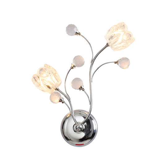 Modern Clear Crystal Chrome Wall Lamp With Swirling Arm And Flower Shade- 2 Bulbs Surface Sconce