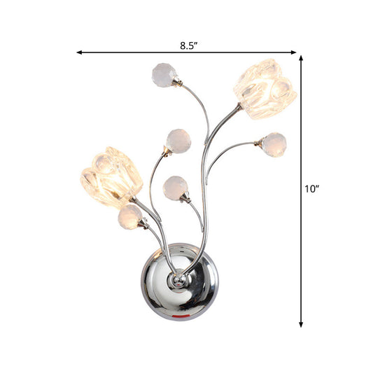 Modern Clear Crystal Chrome Wall Lamp With Swirling Arm And Flower Shade- 2 Bulbs Surface Sconce