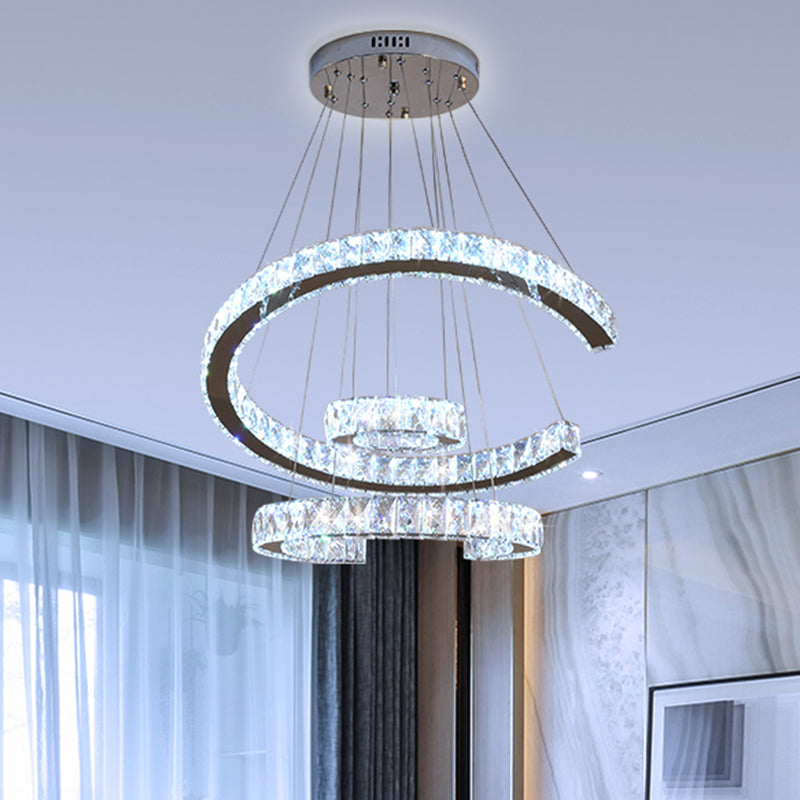 Modern LED Stainless-Steel Chandelier Light with Clear Rectangular-Cut Crystals - 3 Tier C-Shape Design, 21"/23.5" Wide