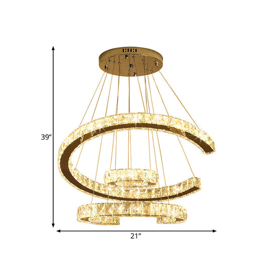 Modern LED Stainless-Steel Chandelier Light with Clear Rectangular-Cut Crystals - 3 Tier C-Shape Design, 21"/23.5" Wide