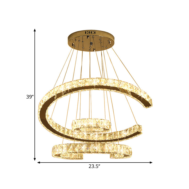 Modern Led C-Shaped Chandelier With Stainless-Steel Frame And Clear Crystals 21/23.5 Wide