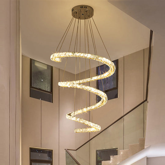 Contemporary Led Chandelier With Clear Crystal Blocks In Stainless Steel 4-Tier Spiral Design