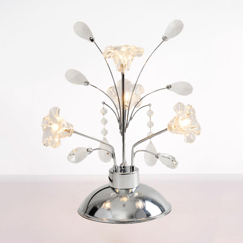 Contemporary Crystal Teardrops Chrome Table Lamp - Branching Bedroom Light With Lily Shade