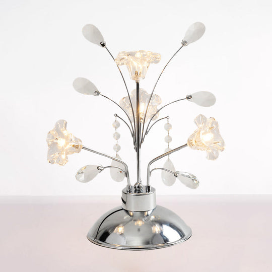 Contemporary Crystal Teardrops Chrome Table Lamp - Branching Bedroom Light With Lily Shade