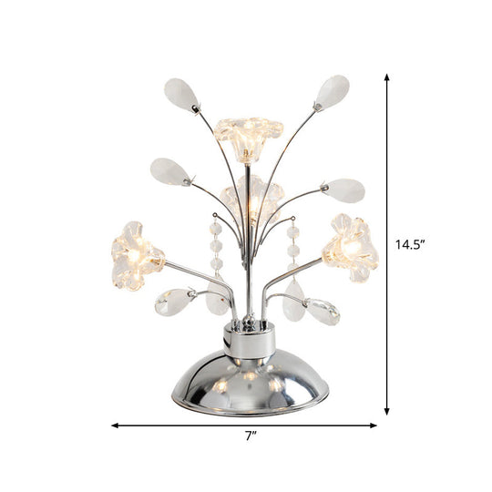 Contemporary Crystal Teardrops Chrome Table Lamp - Branching Bedroom Light With Lily Shade