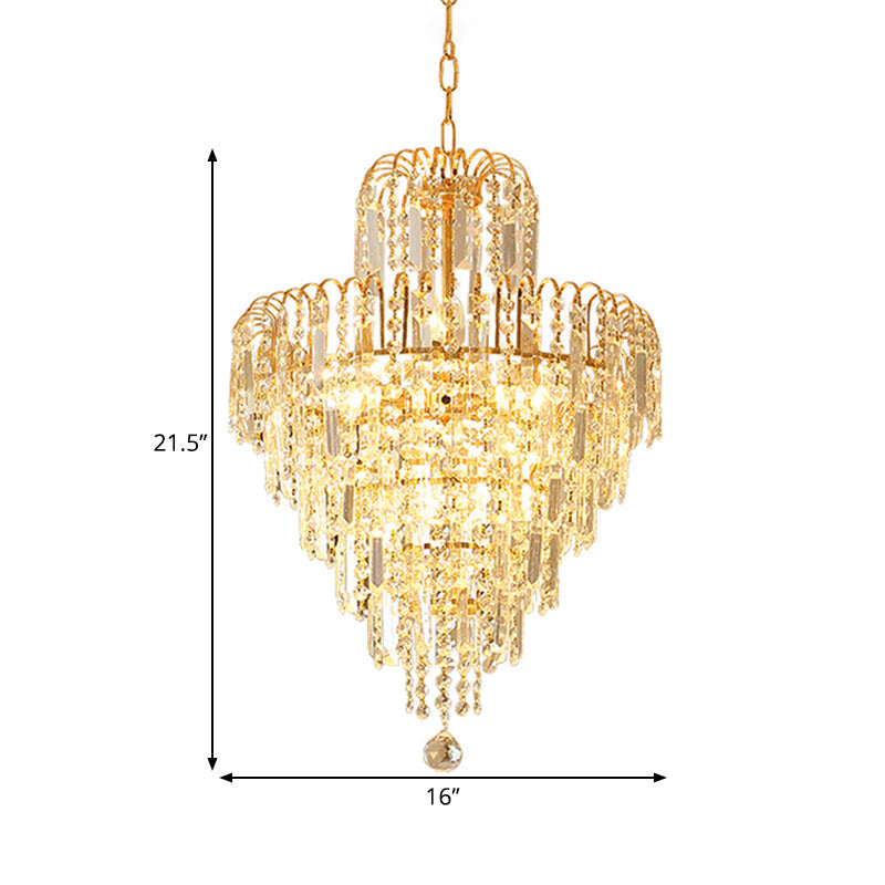 Modern Hand-Cut Crystal Chandelier Lamp - Tapered 12"/16" Wide, 3/6-Head, Suspended Gold Lighting Fixture