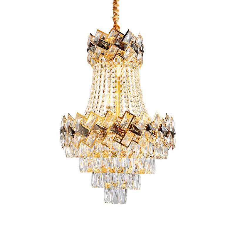 Contemporary Rectangle-Cut Crystal Hanging Pendant Light - 3/5-Bulb Gold Chandelier - 12"/16" Wide