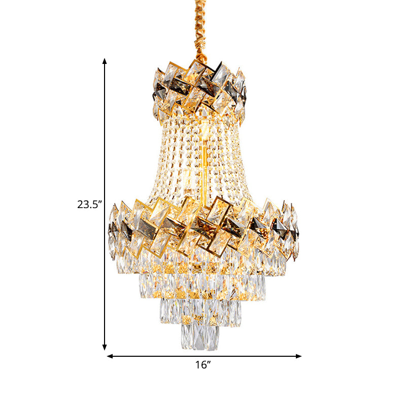 Contemporary Rectangle-Cut Crystal Hanging Pendant Light - 3/5-Bulb Gold Chandelier - 12"/16" Wide