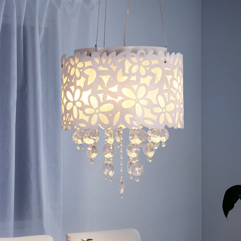 Contemporary Metal Chandelier With White Drum Shades And Crystal Droplets - 4-Headed Lighting