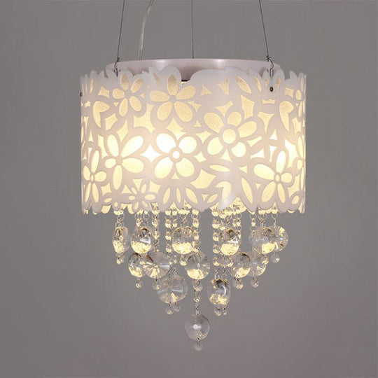 Contemporary Metal Chandelier With White Drum Shades And Crystal Droplets - 4-Headed Lighting