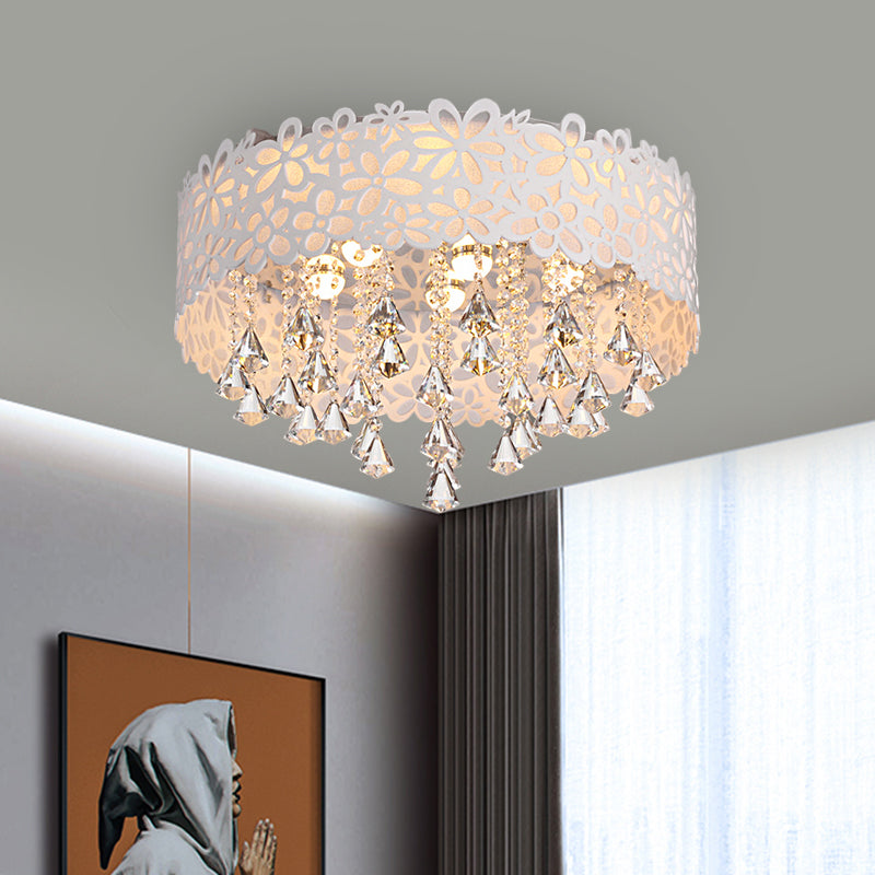 Contemporary Crystal Drop LED Flush Mount Ceiling Lamp - White Conical Design with Remote Control Stepless Dimming and White Light