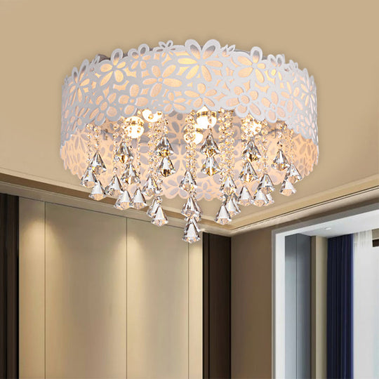 Contemporary Crystal Drop LED Flush Mount Ceiling Lamp - White Conical Design with Remote Control Stepless Dimming and White Light