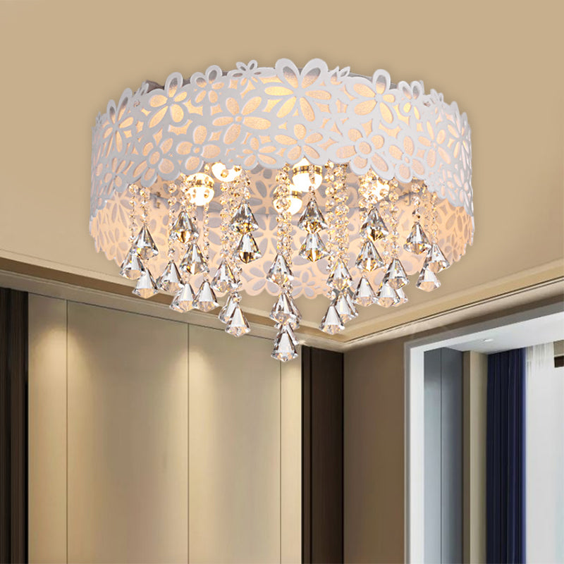 Contemporary Crystal Drop Led Flush Mount Ceiling Lamp - White Conical Design With Remote Control